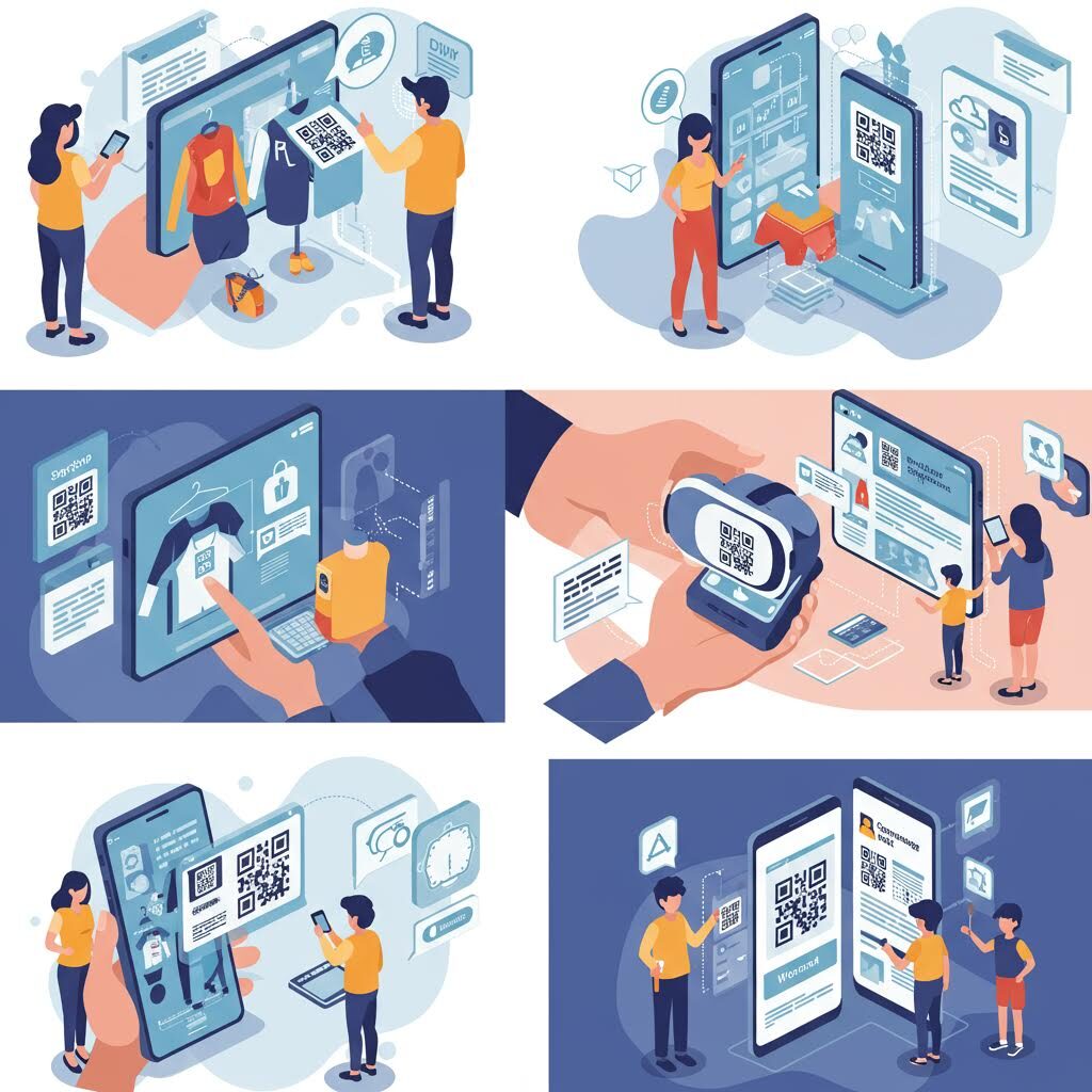 6개의 파란색 일러스트로 구성된 그리드. 사람들이 가상 갤러리에서 예술 작품을 감상하고, 화면을 터치하며, 디지털 전시를 경험하는 장면들로 AI와 기술을 활용한 예술 감상을 표현하고 있다.