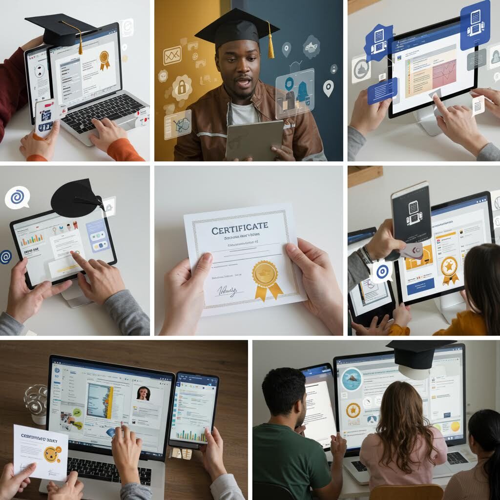 9개의 디지털 쇼핑과 인증서 관련 이미지 그리드. 스마트폰과 태블릿으로 제품을 검색하고, 인증서를 확인하며, 'CERTIFICATE' 텍스트가 있는 문서들을 보는 등 온라인 쇼핑과 제품 인증 과정을 보여주고 있다.