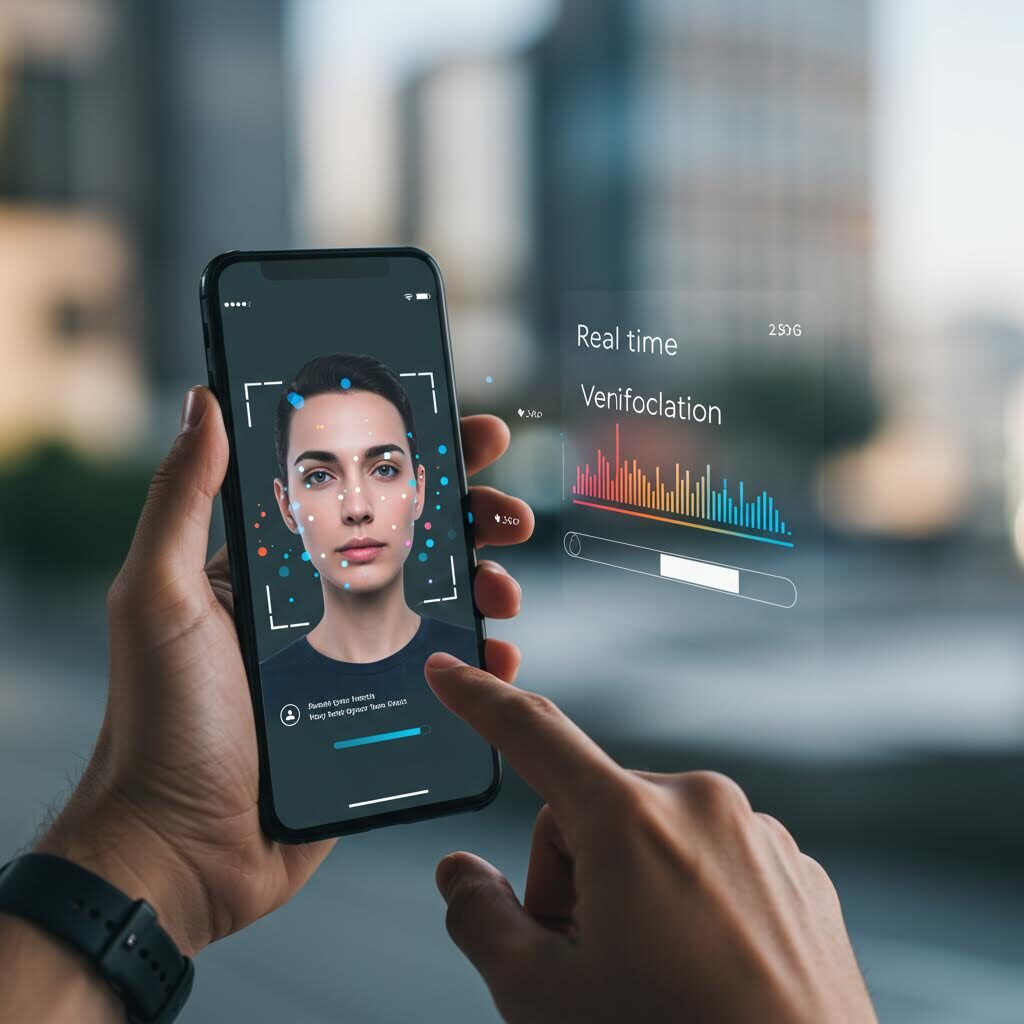 손에 든 스마트폰 화면에 여성의 얼굴 인식 스캔이 표시되어 있고, 배경은 흐릿한 거리 풍경이다. 'Biw else Yesterday' 텍스트가 화면에 보이며, 얼굴 인식 기술이나 디지털 신원 확인을 표현하고 있다.