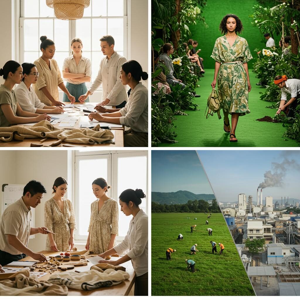 4개의 이미지로 구성된 그리드. 왼쪽 상단에는 테이블에서 회의하는 사람들, 오른쪽 상단에는 녹색 식물 배경의 패션 모델, 왼쪽 하단에는 종이 작업을 하는 사람들, 오른쪽 하단에는 녹색 들판과 도시가 반반 나뉜 풍경이 담겨 있다.