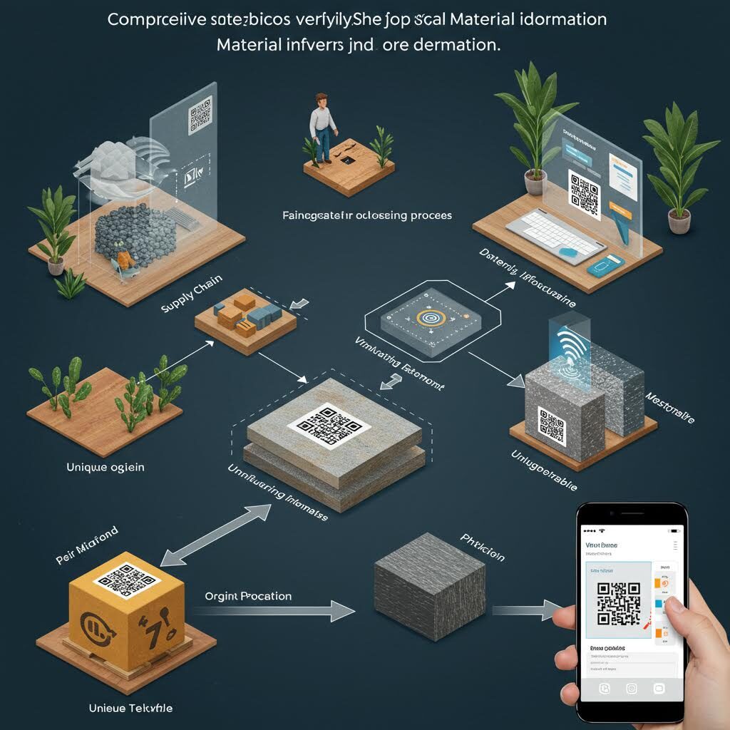 어두운 배경의 3D 아이소메트릭 일러스트. 'Blockchain-Powered Fabric and raw materialverify' 텍스트가 있으며, 다양한 플랫폼과 시설들이 연결된 블록체인 기반 섬유 원자재 검증 시스템을 시각화하고 있다.