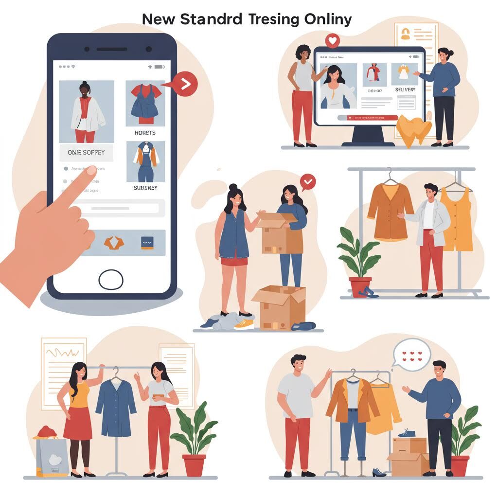 6개의 일러스트로 구성된 이미지. 'How Recorded Testing Quality' 텍스트가 있으며, 손에 든 스마트폰, 매장에서 쇼핑하는 사람들, 옷을 고르는 장면 등 제품 품질 테스트와 쇼핑 과정을 보여주는 파스텔 톤의 일러스트들이다.