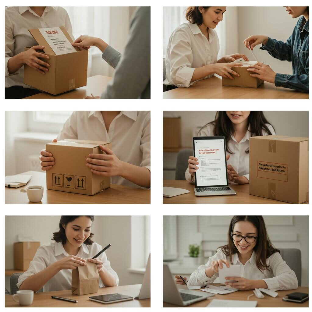 6개의 친환경 포장과 배송 관련 이미지 그리드. 손으로 상자를 포장하고, 라벨을 붙이며, 스마트폰으로 정보를 확인하는 등 지속 가능한 물류와 배송 과정을 보여주는 밝은 톤의 사진들이다.