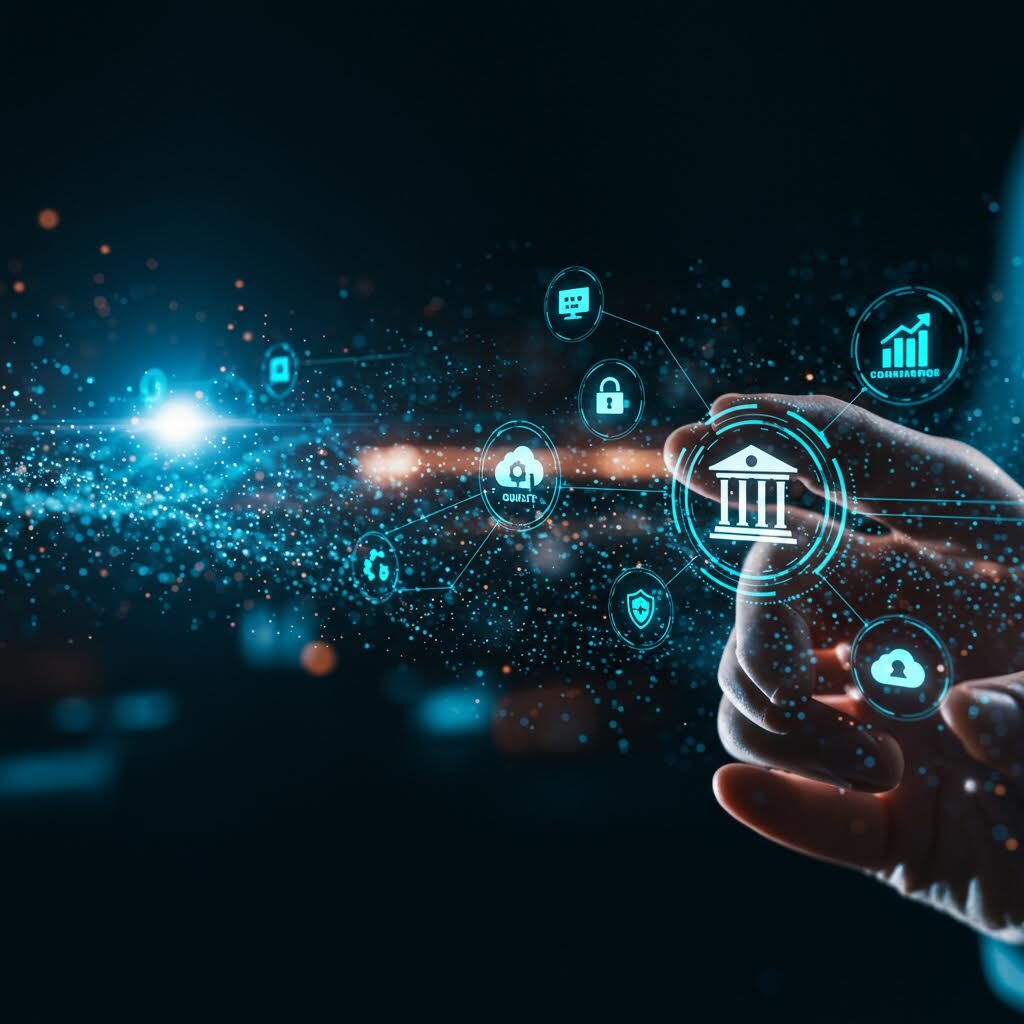 손이 스마트폰을 들고 있고, 화면에서 홀로그램처럼 은행 건물 아이콘이 투사되는 모습. 어두운 배경에 청록색 디지털 효과가 있어 모바일 뱅킹이나 핀테크 서비스를 시각화하고 있다.