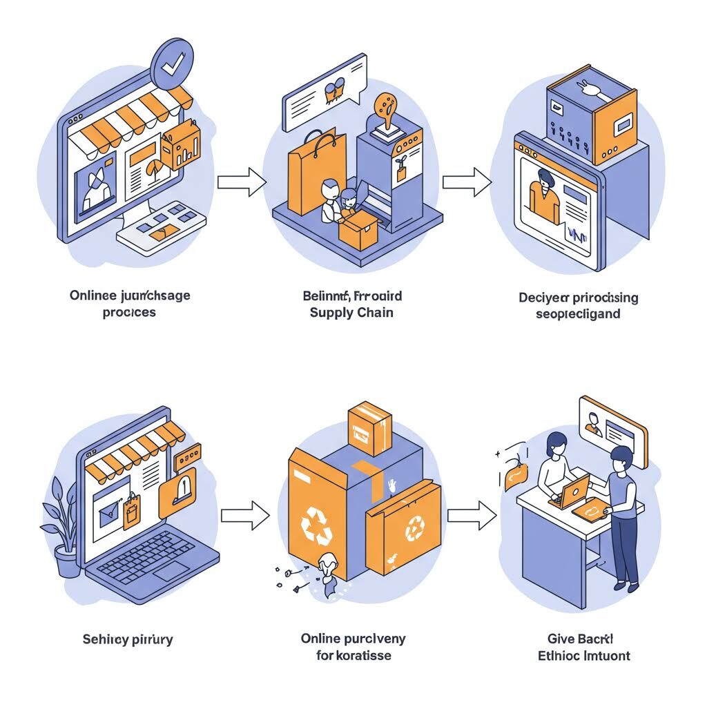 6개의 아이소메트릭 일러스트로 구성된 이미지. 'Online purchase Shipment', 'Upload Produt Information', 'Receiving products at home', 'Delivery status', 'Online warehouse management', 'After Sales' 등의 텍스트가 있으며 온라인 쇼핑 프로세스를 단계별로 보여주고 있다.