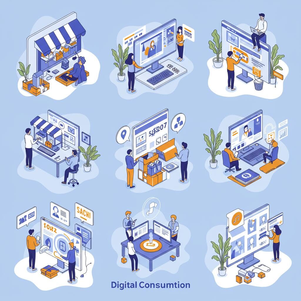 9개의 파란색 아이소메트릭 일러스트로 구성된 그리드. 'Digital Consumption' 텍스트가 포함되어 있으며, 전자상거래, 온라인 쇼핑, 디지털 결제, 화상 회의 등 디지털 소비와 관련된 다양한 활동들을 보여주고 있다.