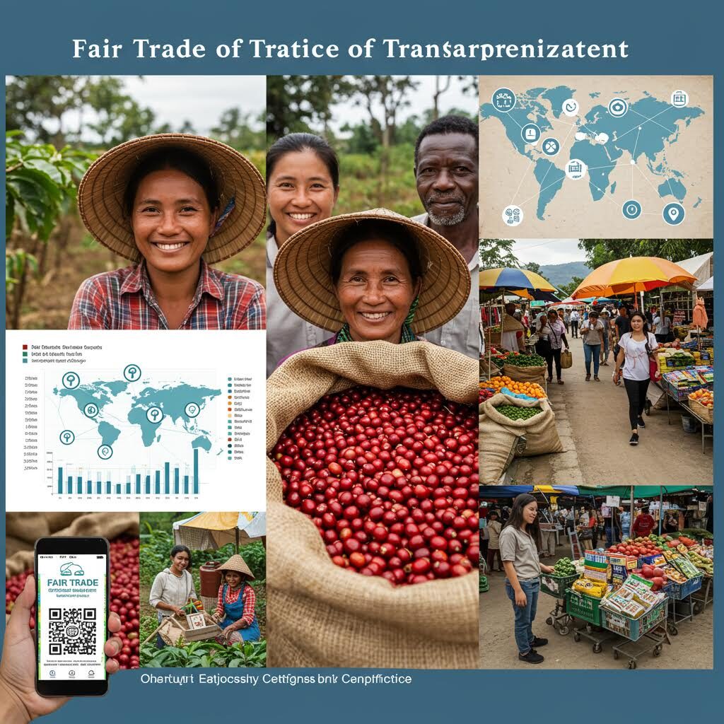 6개의 이미지로 구성된 콜라주. 'Fair Trade of France of Transparencyleatent' 제목이 있고, 웃는 여성들, 세계지도와 차트, 시장 풍경, QR 코드를 스캔하는 모습 등 공정 무역과 투명성을 주제로 한 이미지들이 담겨 있다.