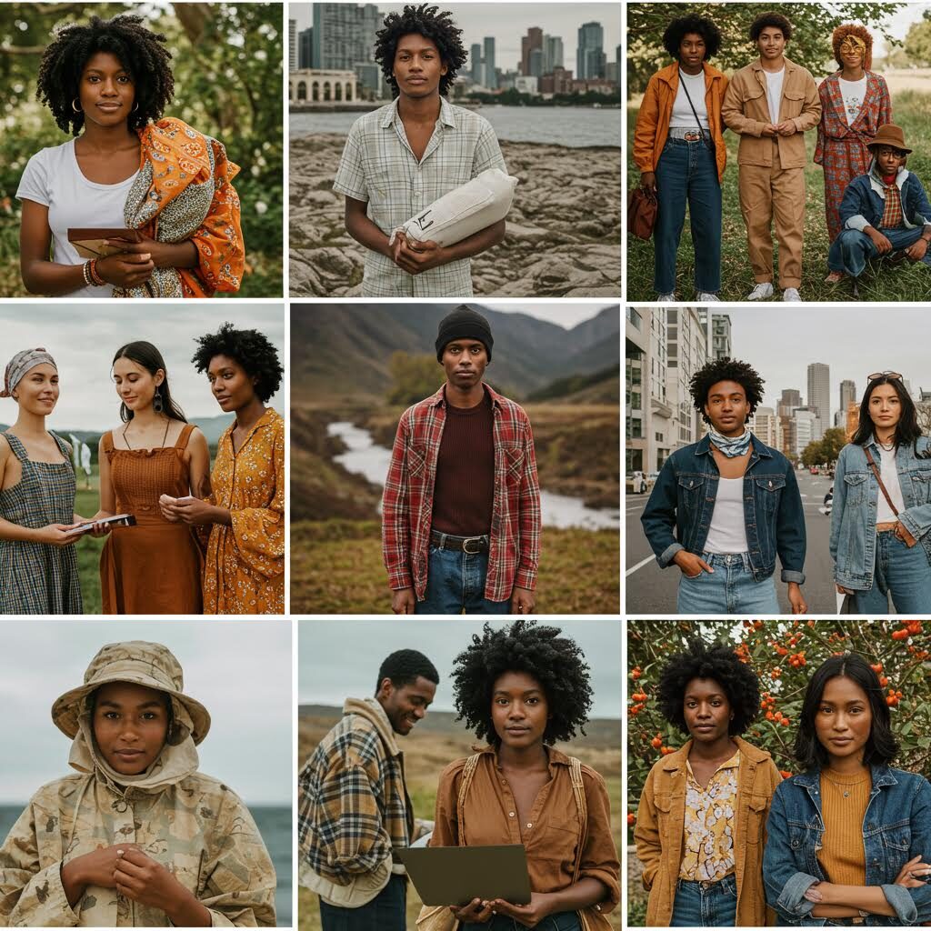 9개의 다양한 사람들과 활동을 담은 사진 그리드. 농부, 장인, 가족들이 전통 의상을 입고 있거나 수공예 작업을 하는 모습 등 공정 무역과 지속 가능한 생산을 보여주는 따뜻한 분위기의 이미지들이