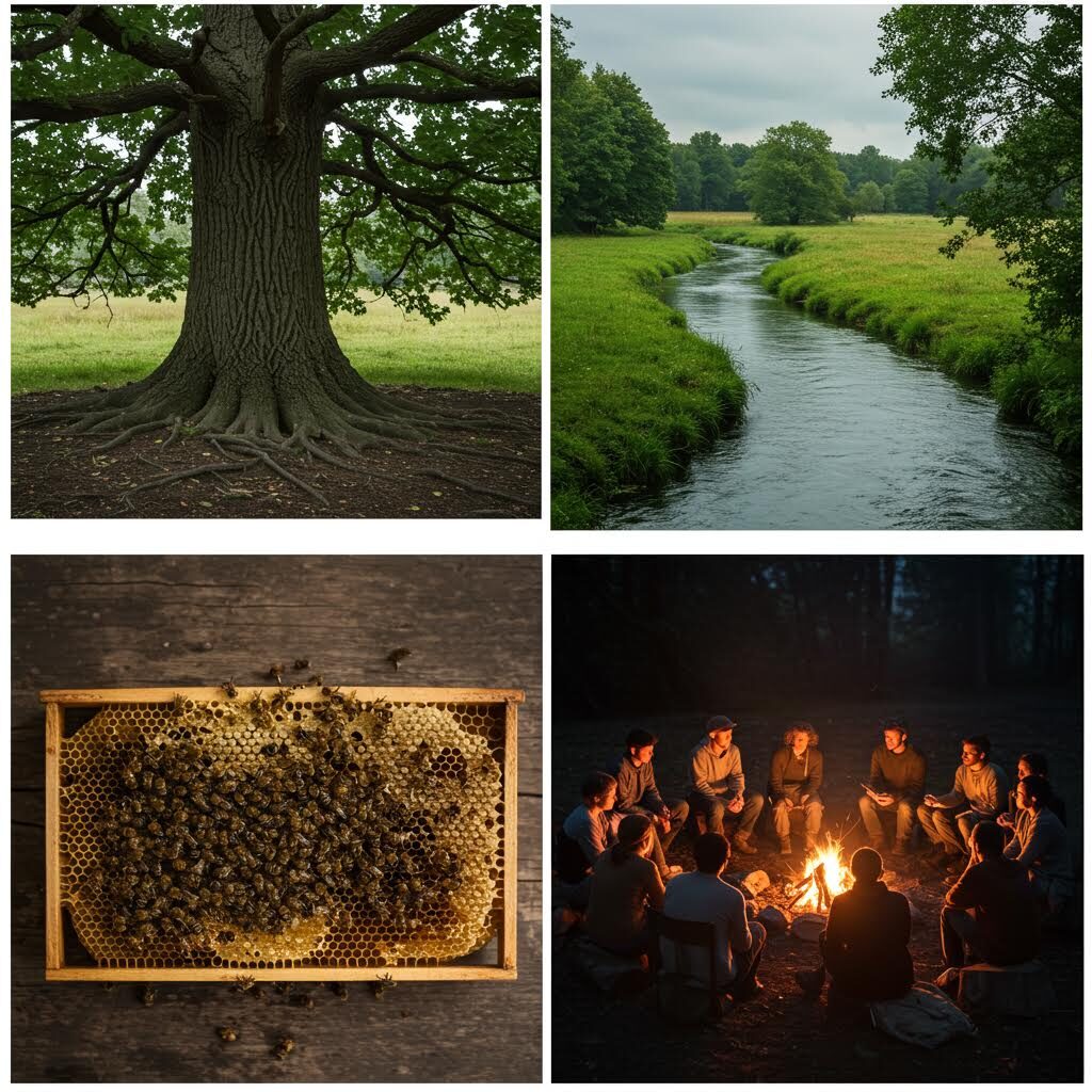 4개의 자연 풍경 이미지로 구성된 그리드. 큰 나무, 시냇물이 흐르는 풍경, 벌집의 벌들, 모닥불 주위에 앉은 사람들 등 자연과 공동체를 주제로 한 따뜻한 분위기의 사진들이다.