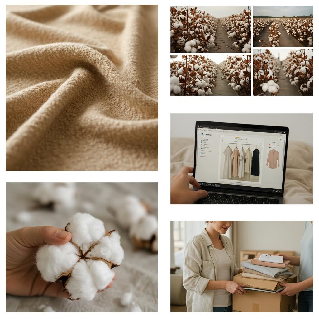 6개의 천연 섬유 관련 이미지 그리드. 베이지색 직물 텍스처, 목화솜 클로즈업, 태블릿 화면의 제품 이미지, 천연 섬유 제품들이 담긴 상자 등 지속 가능한 섬유 제품과 소재들을 보여주고 있다.