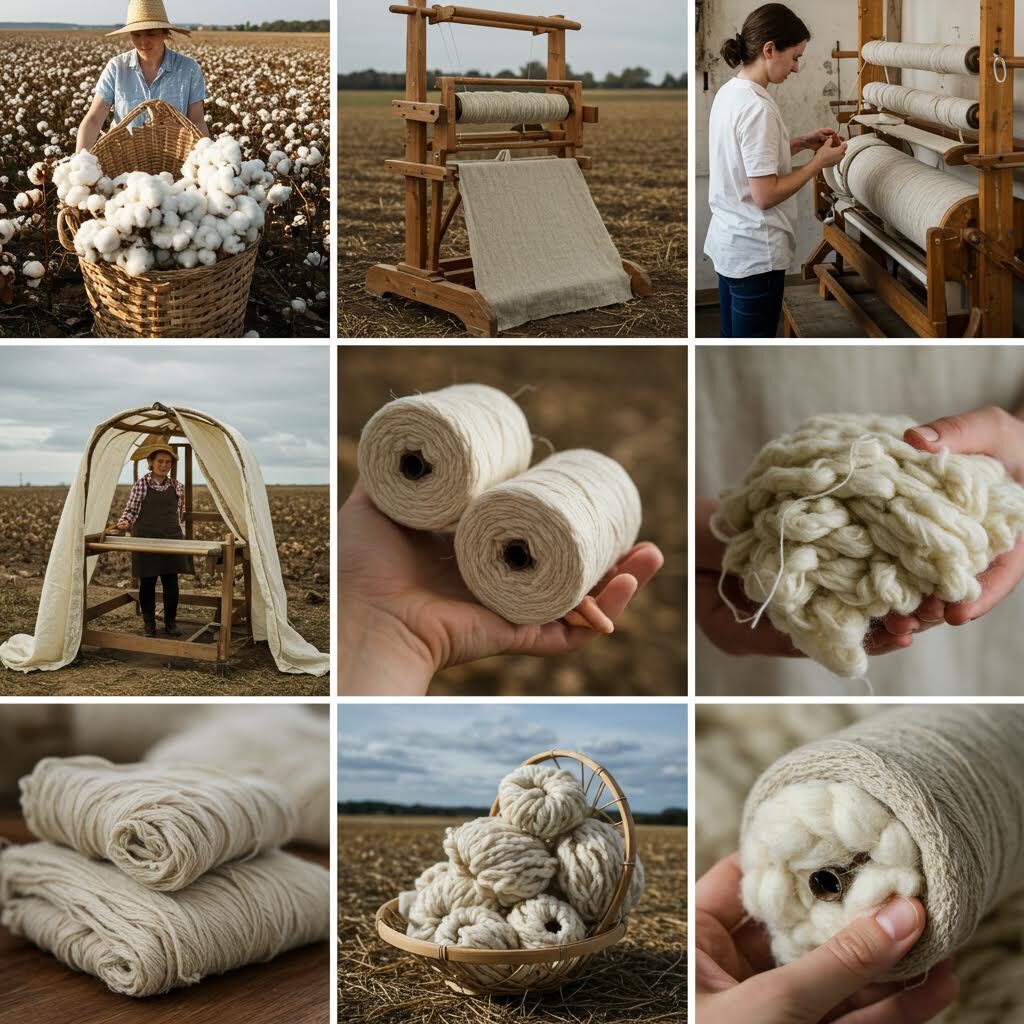 9개의 천연 섬유와 수공예 관련 이미지 그리드. 실타래, 직조 도구, 목화솜, 양모 뭉치, 손으로 만든 제품 등 천연 소재 가공과 전통 공예 과정을 보여주는 따뜻한 톤의 사진들이 담겨 있다.