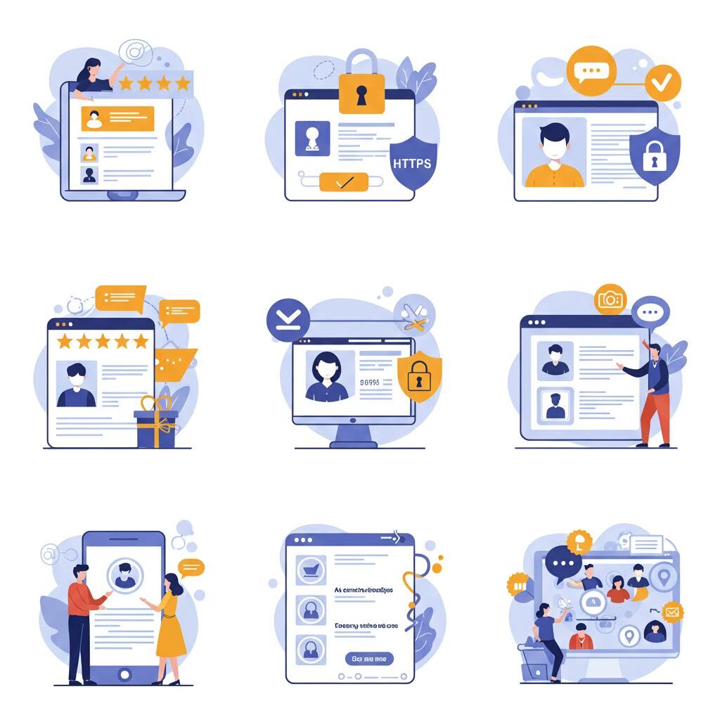 9개의 파란색과 오렌지색 일러스트로 구성된 그리드. 문서 작업, 온라인 쇼핑, 보안, 신원 확인, 체크리스트 등 다양한 디지털 업무와 보안 관련 활동들을 보여주는 아이콘 스타일의 이미지들이다.