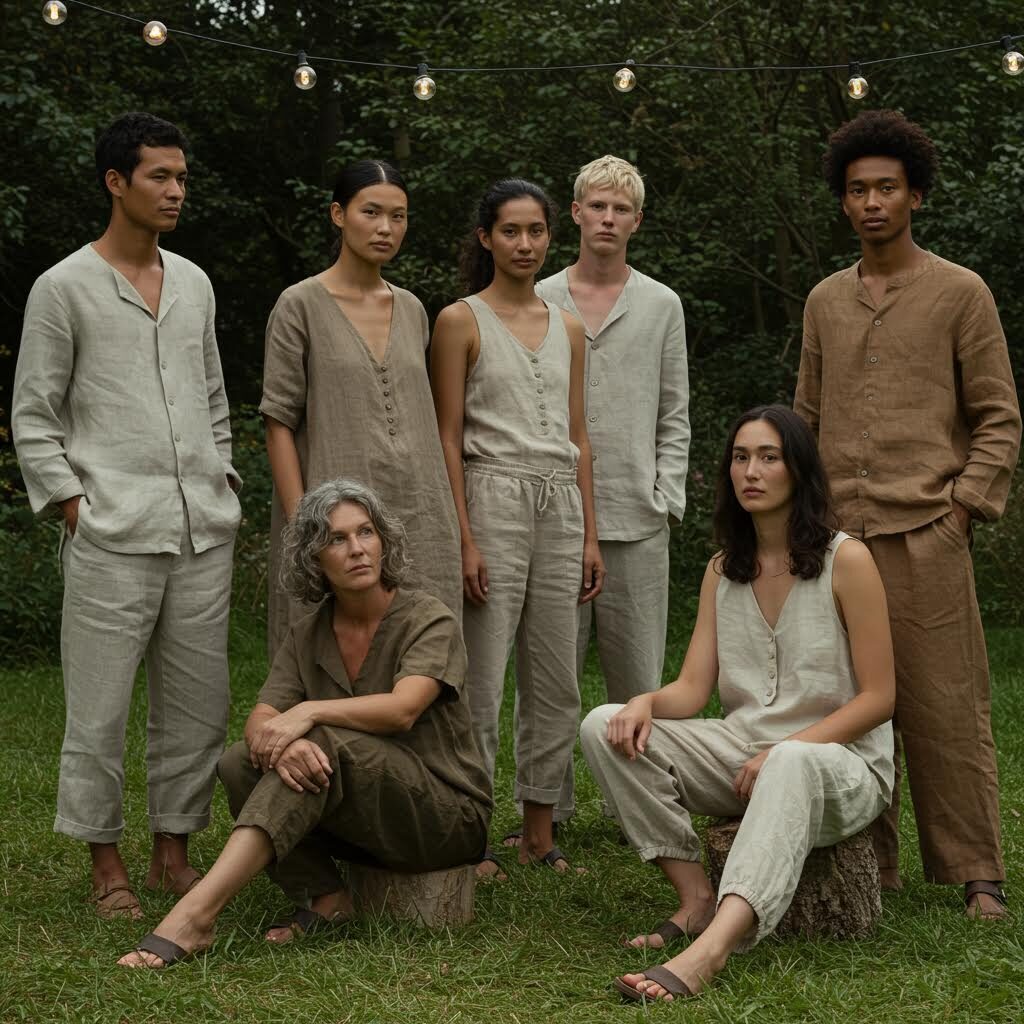 자연 속에서 리넨과 면 의류를 착용한 사람들이 지속가능한 패션의 철학을 상징적으로 보여주는 단체 초상