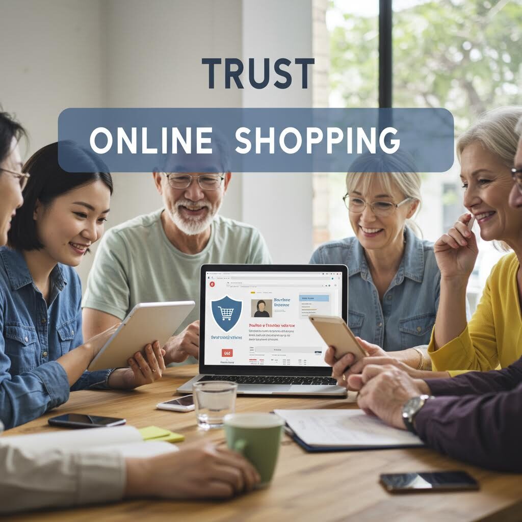 회의실에서 사람들이 노트북 화면의 ‘TRUST ONLINE SHOPPING’ 문구를 보며 온라인 쇼핑의 신뢰 구축을 논의하는 장면