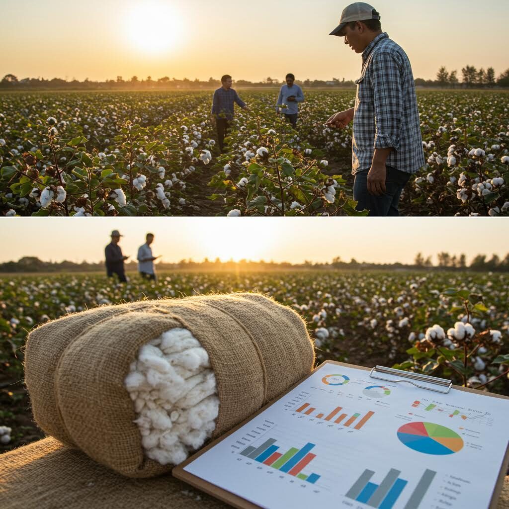 해질녘 목화밭을 배경으로 농부와 그래프 자료가 함께 구성되어 친환경 면 산업의 시장 가치를 시각화한 장면