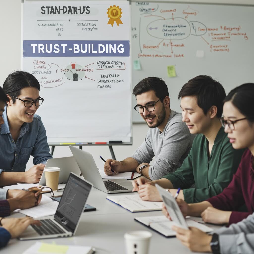 회의실에서 팀원들이 ‘TRUST-BUILDING’ 슬라이드 앞에서 인증 시스템 신뢰 구축 방안을 토론하는 협업의 장면