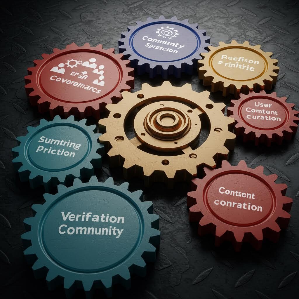 맞물린 톱니바퀴들이 검증과 운영 요소를 나타내는 장면에서 온카스터디가 협력 구조의 일부로 은유되는 흐름