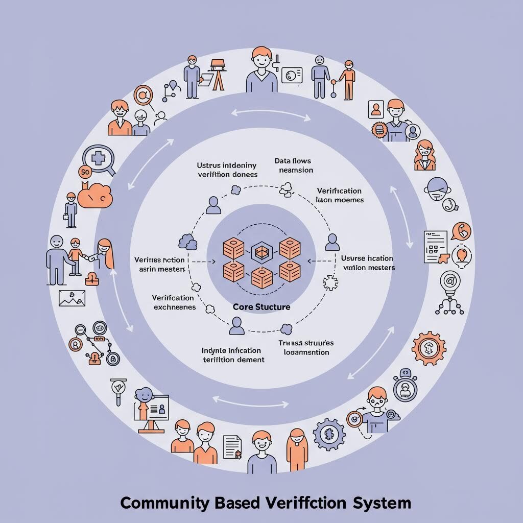 다양한 이용자와 데이터 흐름이 원형 구조로 배열된 장면 속에서 온카스터디가 검증 체계의 순환을 비유적으로 드러내는 모습