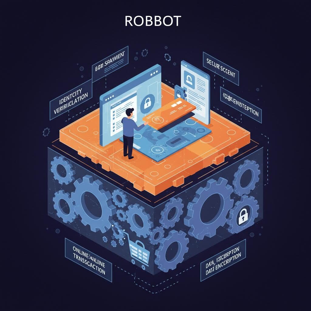 보안 인터페이스와 기어 구조가 결합된 공간에서 데이터 흐름이 시각화되며 온카스터디 루믹스가 은유되는 장면