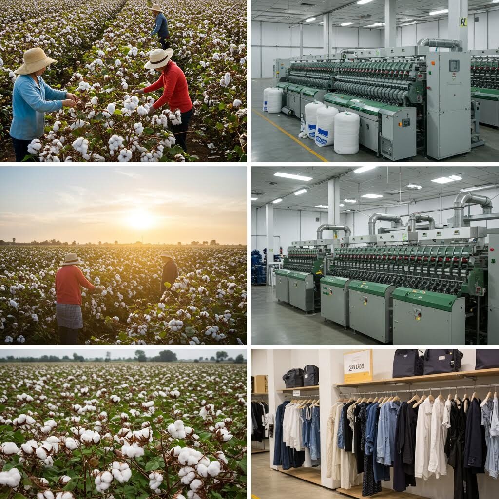 면화 재배와 수확, 방적 공정, 의류 생산과 판매까지의 과정을 한 화면에 배치해 공급망의 흐름을 시각적으로 나타낸 구성