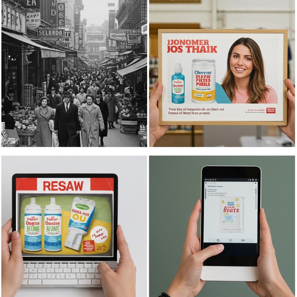 과거 거리 풍경과 현대 제품 광고 화면이 대비되며 소비 인식 변화와 시장 반응을 시각적으로 드러내는 구도의 장면