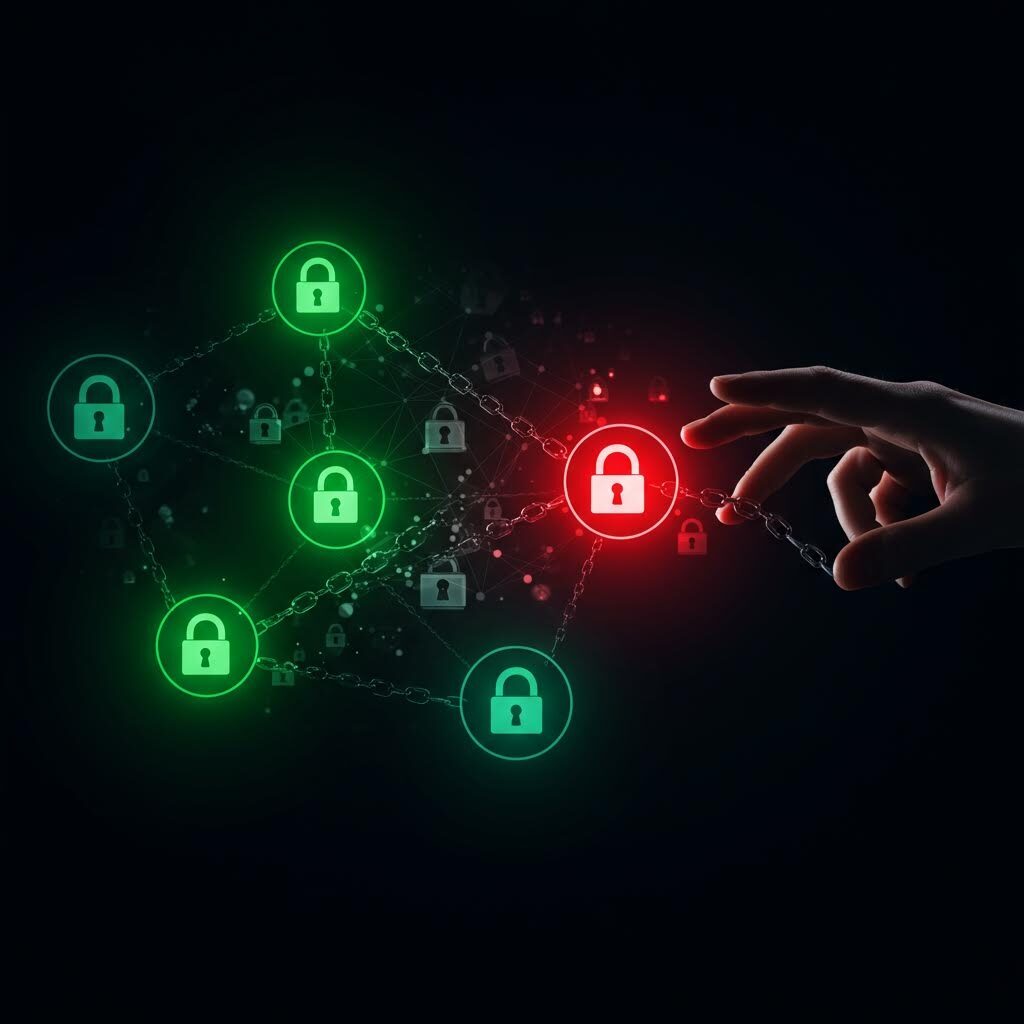 어두운 배경 위에 여러 개의 초록색 자물쇠 아이콘이 선으로 연결되어 있고, 그중 하나의 빨간 자물쇠가 빛나며 사람의 손가락이 그 빨간 자물쇠에 살짝 닿으려는 모습