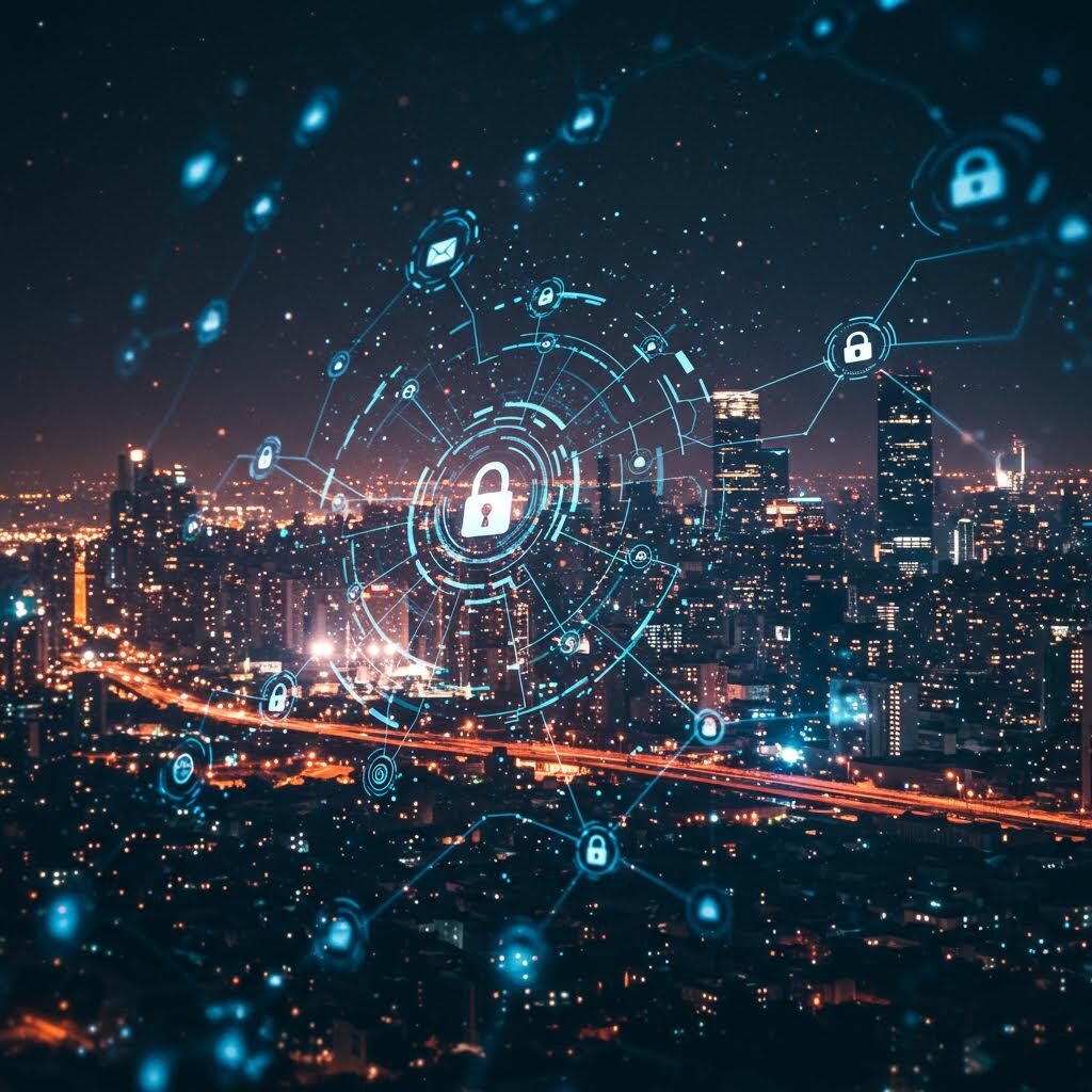 도시 야경 위로 보안 노드가 원형으로 확산되며 연결되는 장면 속에 온카스터디 루믹스가 비유적으로 드러나는 흐름