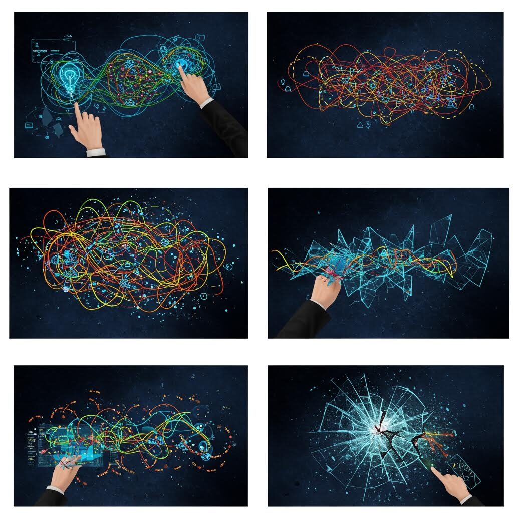 어두운 배경의 디지털 보드 위에 서로 얽힌 수많은 색색의 선과 도형이 복잡하게 표시되어 있고, 정장 소매를 입은 사람이 손가락으로 그 혼란스러운 정보 덩어리를 직접 가리키며 조작하려는 듯한 모습
