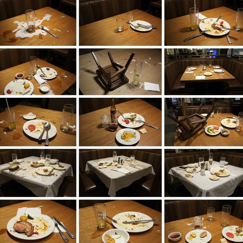 식탁 위에 음식 찌꺼기, 빈 접시, 엎어진 의자, 흘린 음료 등으로 어질러진 여러 식당 테이블의 모습이 다양한 각도에서 촬영된 사진 모음