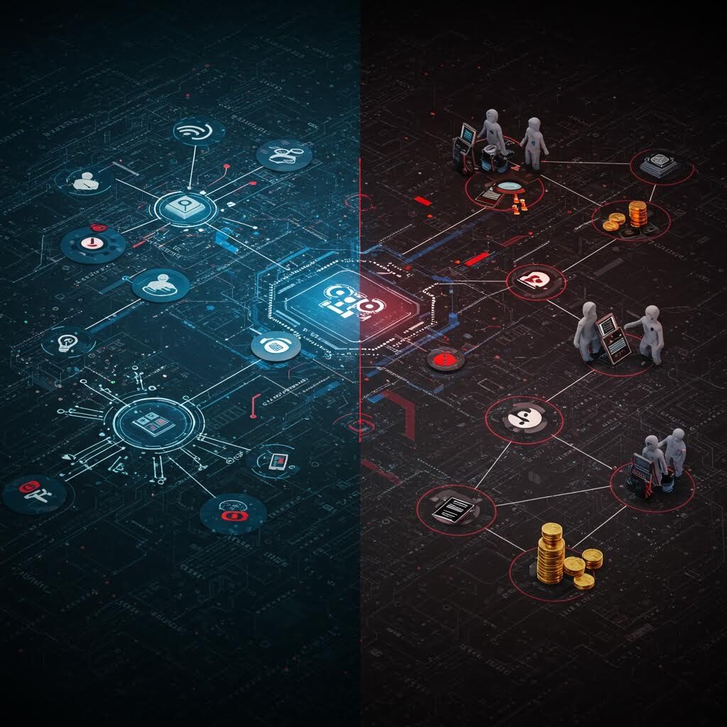 화면이 파란색과 검은색으로 양쪽으로 나뉘어 한쪽에는 디지털 회로와 연결된 아이콘들이 정돈된 구조로 배치되어 있고, 다른 한쪽에는 작은 사람 모형들이 장비와 동전을 다루는 복잡한 장면이 이어지며 두 영역이 중앙에서 맞닿아 있는 모습