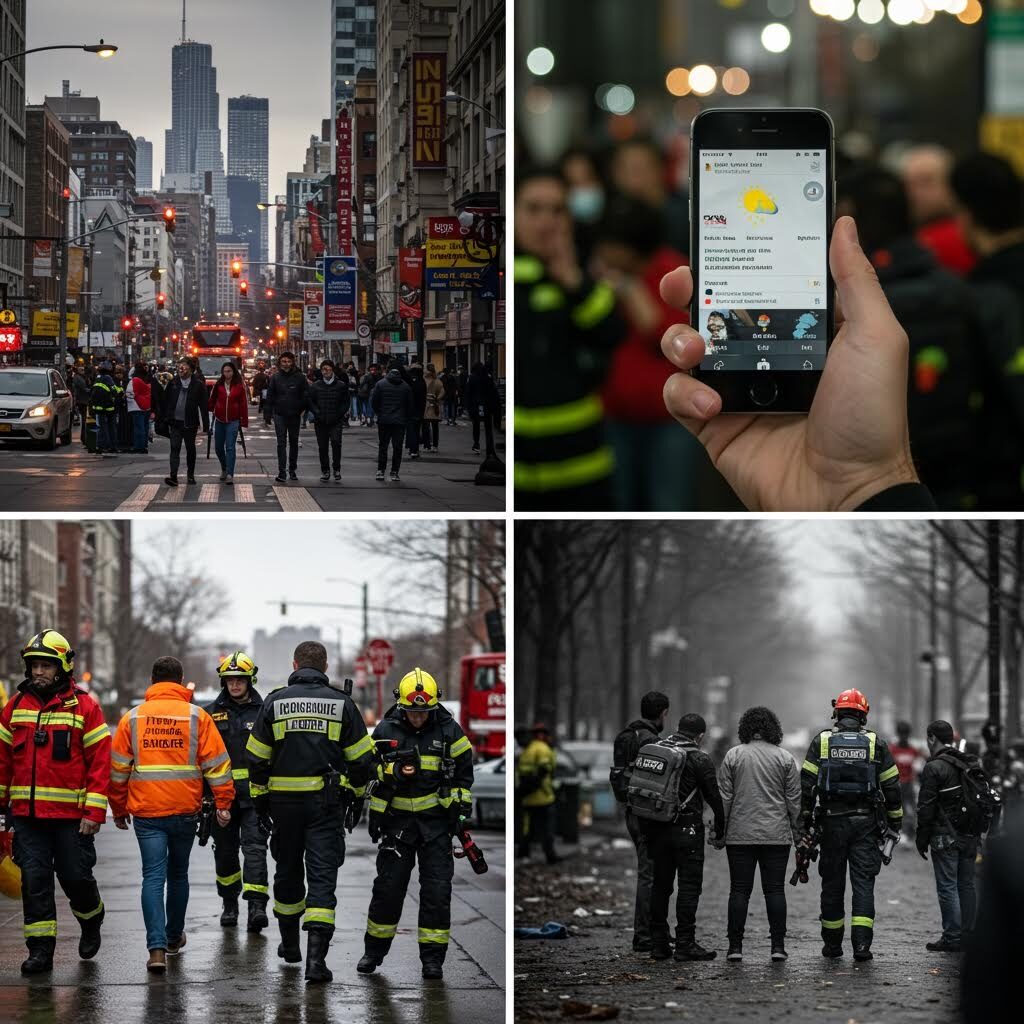 붐비는 도심 거리와 스마트폰을 든 손, 그리고 소방·구조 대원들이 시민들과 함께 거리에서 상황을 점검하며 이동하는 장면들이 한 화면에 배열된 사진 모음