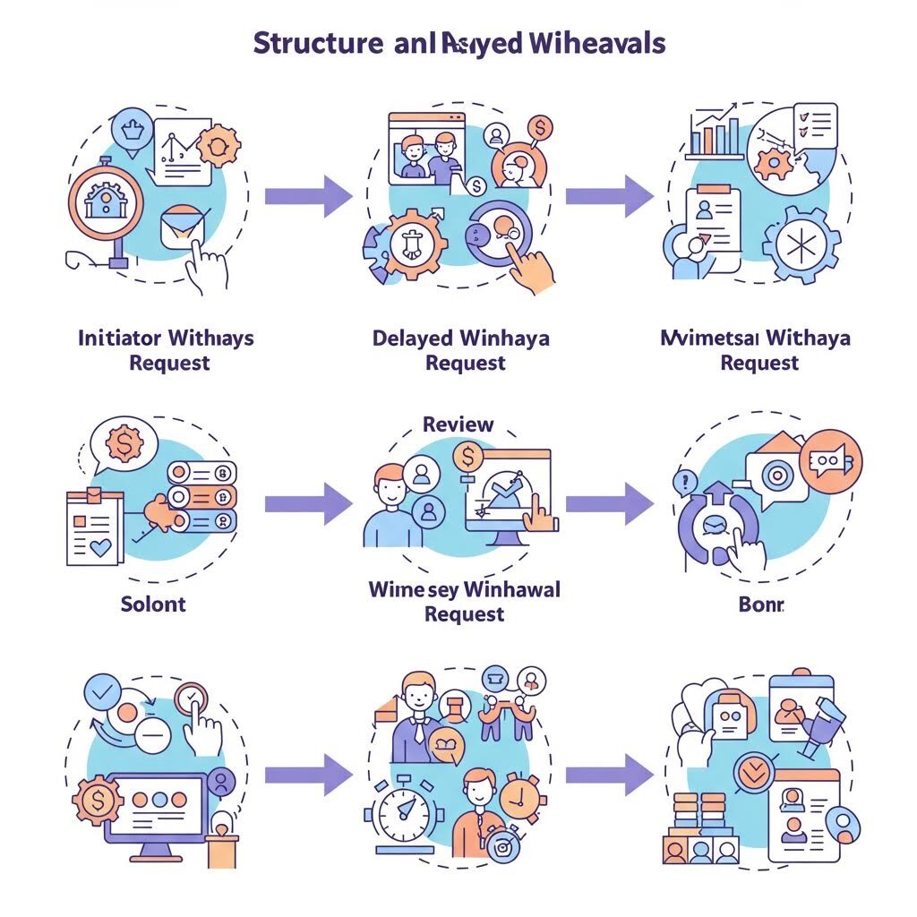여러 단계의 업무 흐름을 아이콘과 사람 그림으로 이어서 표현한 순서도이며, 각 단계마다 서류 검토·요청 처리·승인 절차 같은 장면이 원형 프레임 안에 일러스트로 나타나 화살표로 연결된 구조