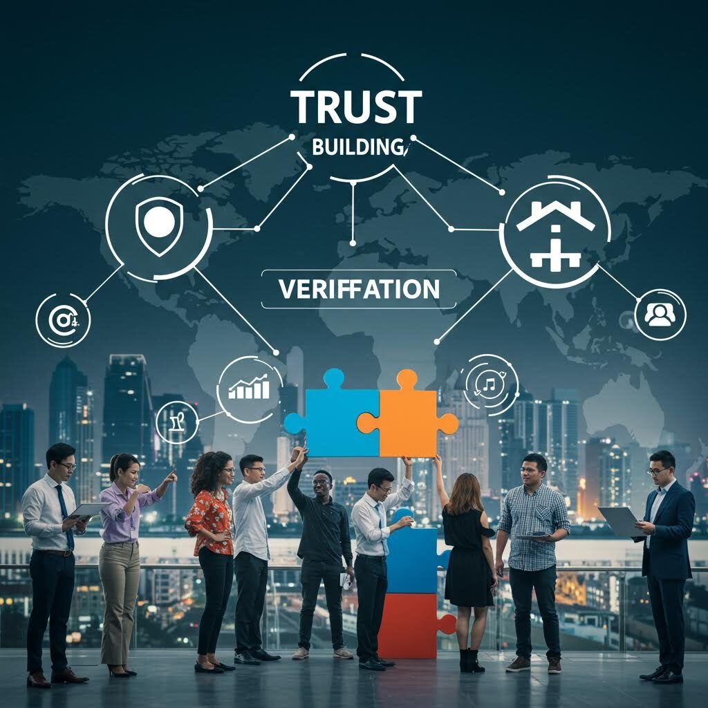 도시 전경을 배경으로 사람들이 네트워크 구조와 상호 연결되는 장면 속에 온카스터디 루믹스가 상징적으로 비춰지는 여운