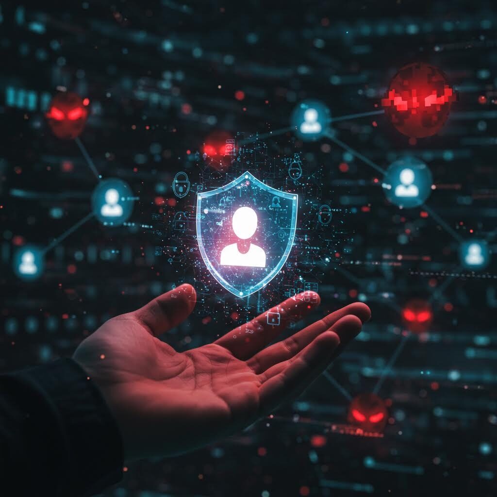 어두운 배경 속에서 손바닥 위로 사람 아이콘이 그려진 빛나는 방패 모양의 보안 홀로그램이 떠 있으며, 주변에는 여러 사용자 아이콘이 연결된 네트워크가 흐릿하게 펼쳐져 있는 모습