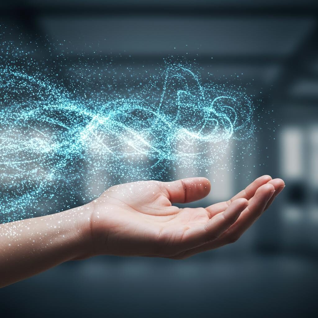 손바닥 위로 빛 입자가 퍼지는 장면 속에서 온카스터디가 데이터 신뢰 확산과 연결되는 느낌의 순간