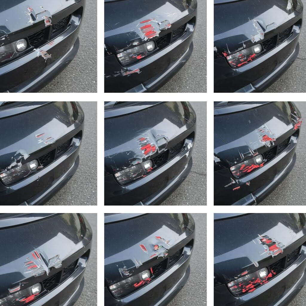 회색 승용차의 앞범퍼 전체가 여러 방향으로 깊게 긁혀 있으며 검정색 범퍼 표면 위로 붉은색과 은색 도료가 벗겨져 들뜬 채 남아 있어 차량 전면부 손상이 심하게 드러난 상태