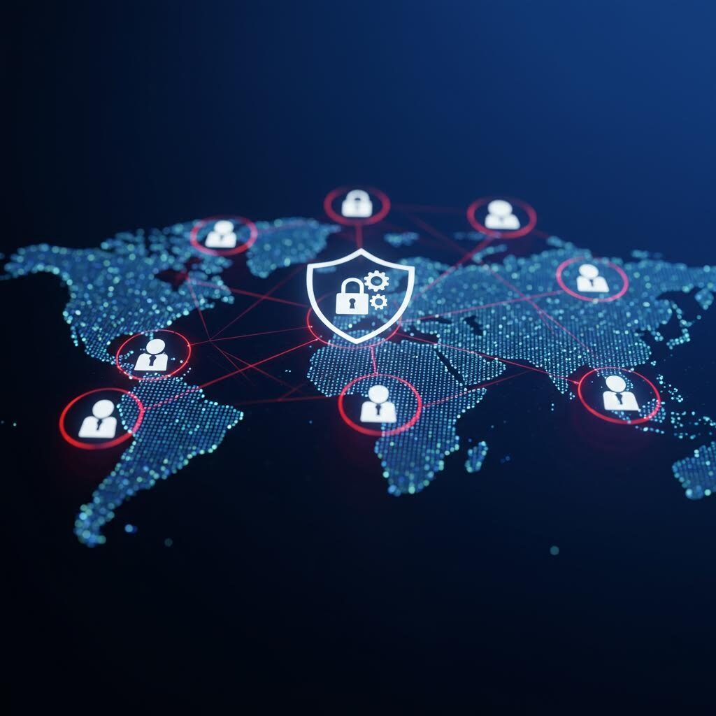 세계 지도를 배경으로 보안 네트워크가 연결된 장면 속에서 온카스터디가 정보 흐름의 중심처럼 비유되는 모습