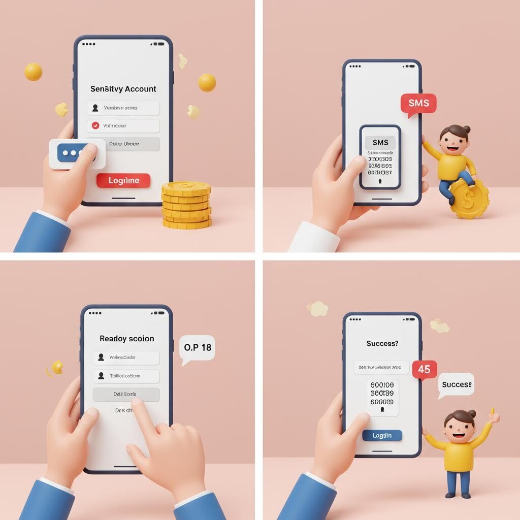 스마트폰 화면에서 인증번호 입력과 문자 확인 과정이 순서대로 나타나고, 화면 옆에서는 노란 동전을 들고 기뻐하는 캐릭터가 등장해 로그인 성공 장면을 표현하는 구성