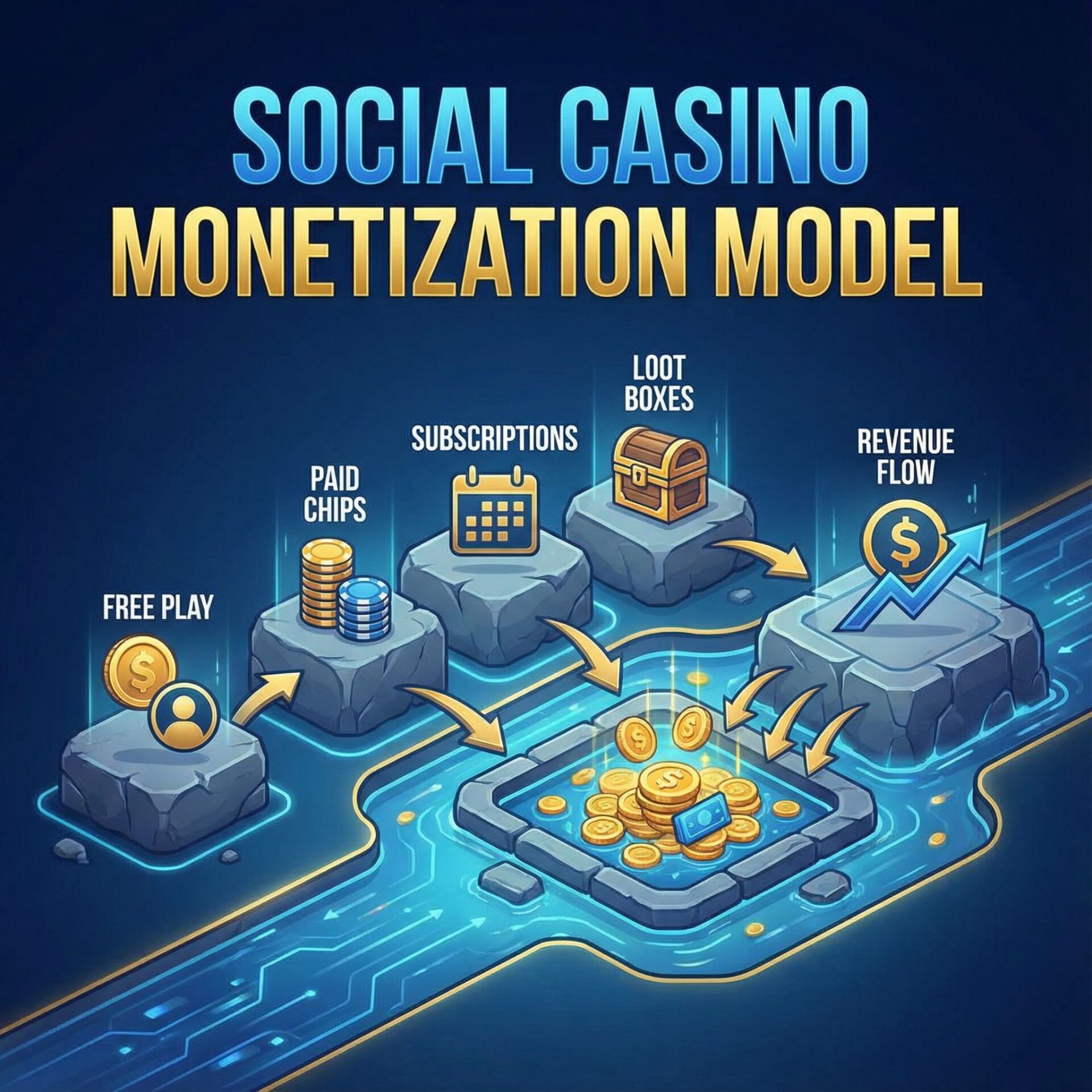 파란 배경 제목 슬라이드에 디딤돌 다리로 무료플레이서 유료칩 구독 룻박스 수익흐름을 표시한 모습이다