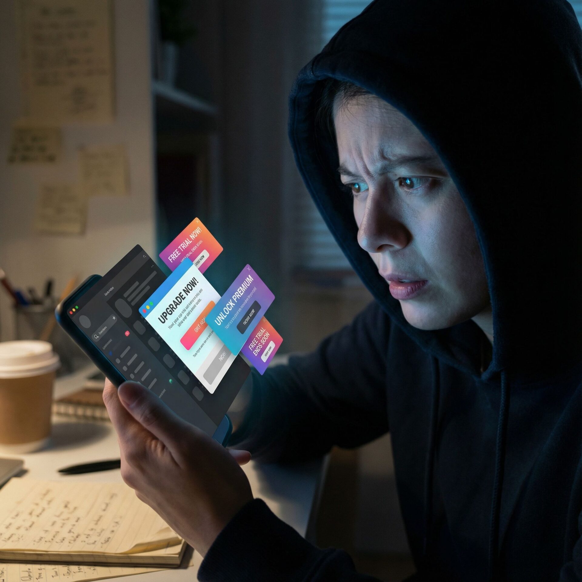 어두운 화면빛 속, 무료앱 쓰는 사람이 결제 팝업과 업그레이드 배너에 둘러싸여 혼란스러운 모습이다