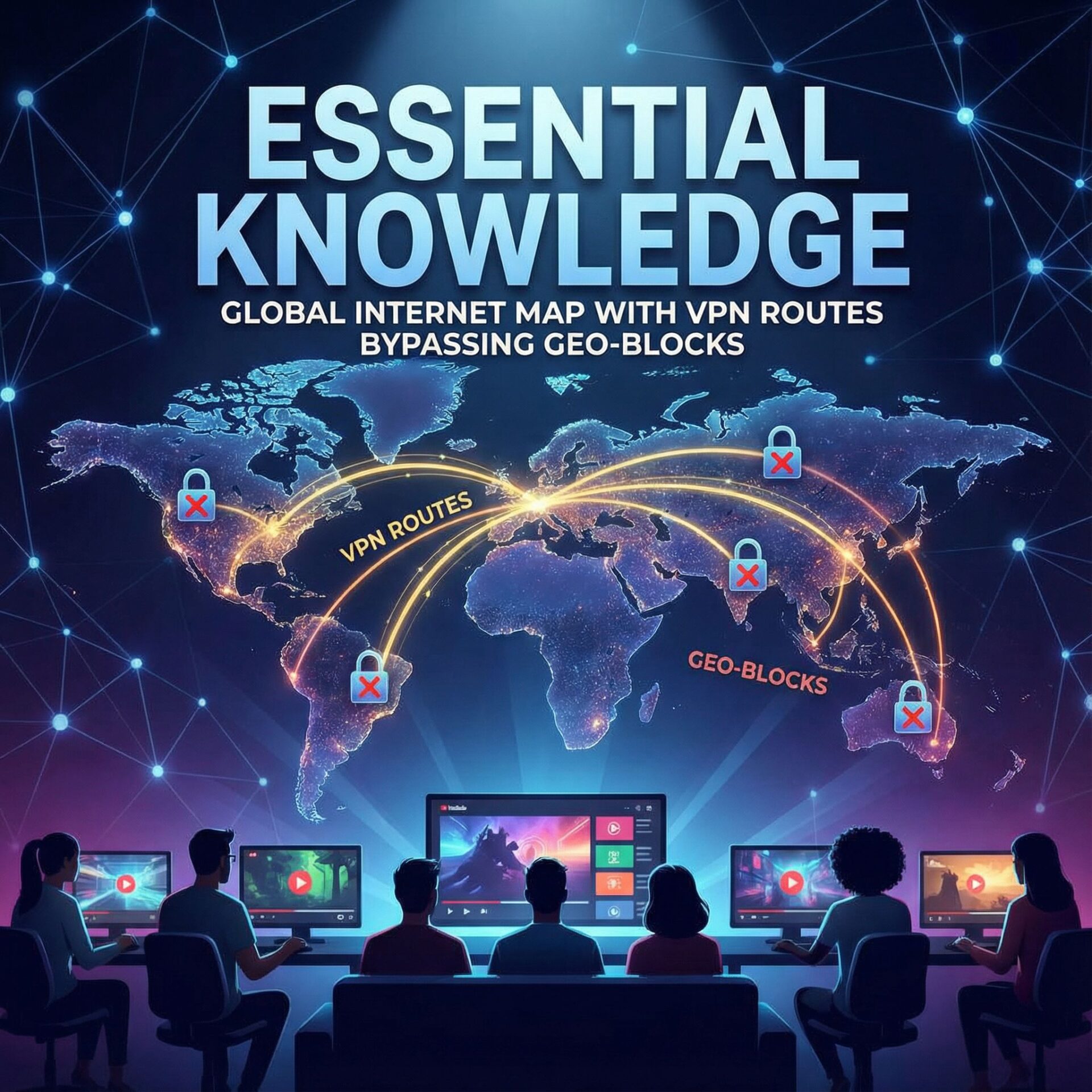 어두운 배경의 세계지도 위에 밝은 VPN 경로선과 스트리밍 사용자 아이콘이 겹친 모습이다