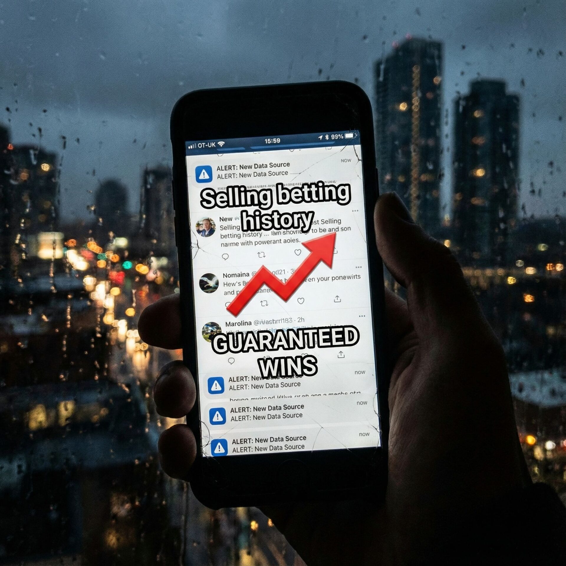 어두운 밤 도시 배경에 스마트폰 화면, 판매 글 급증과 상승 그래프 알림이 겹친 모습이다