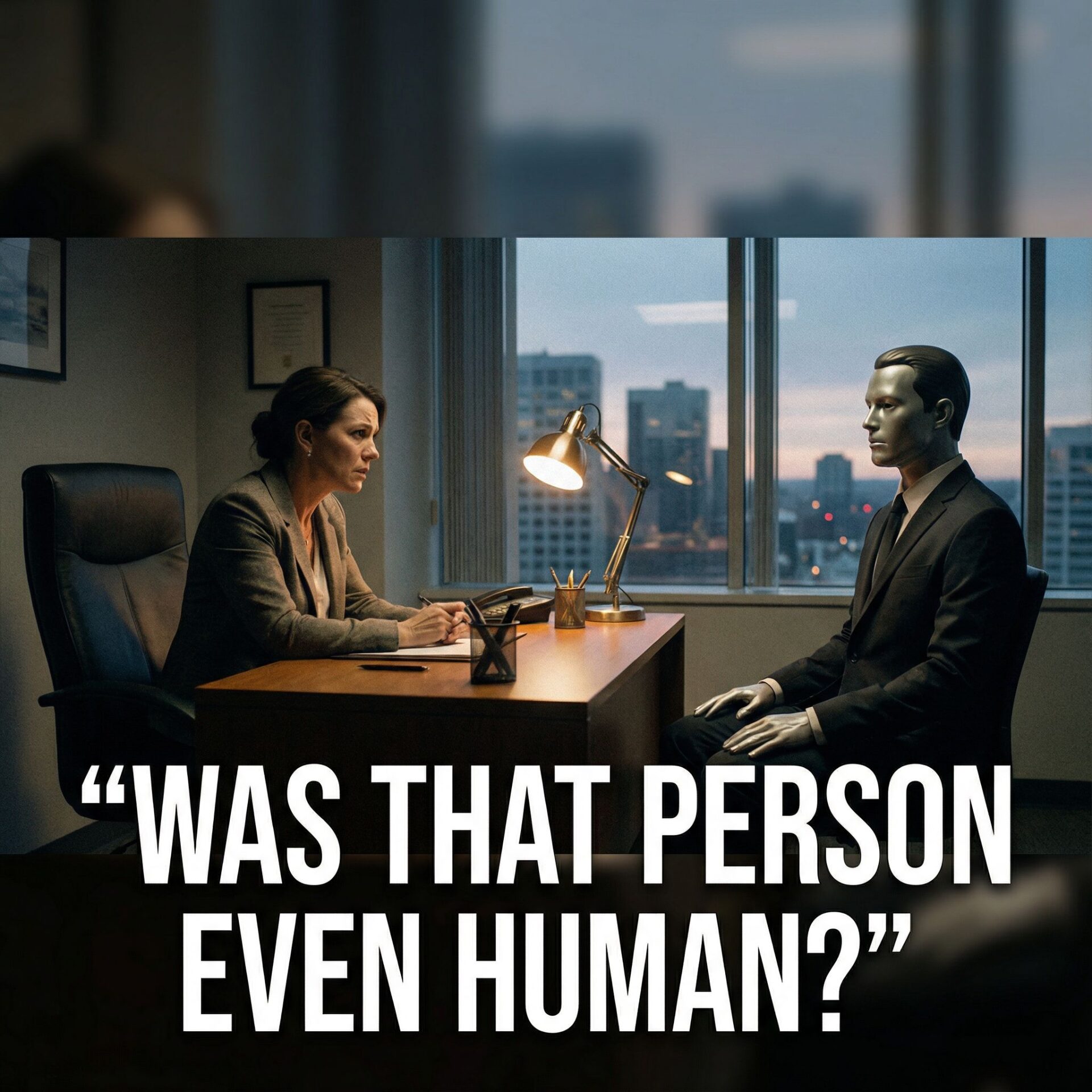 모던 사무실 책상 앞 상담사가 로봇 같은 내담자를 의심스레 바라보며 자막이 있는 모습이다