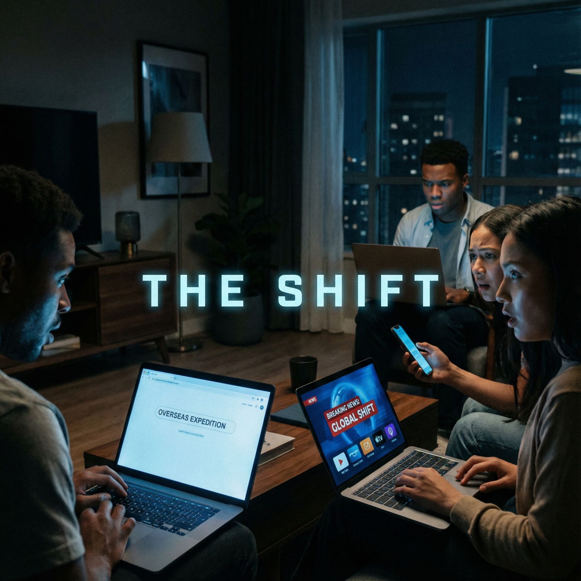야간 거실에서 여러 사람이 노트북과 스마트폰 화면을 동시에 확인하며 글로벌 뉴스 변화와 정보 흐름의 전환점을 실시간으로 마주하는 장면이다