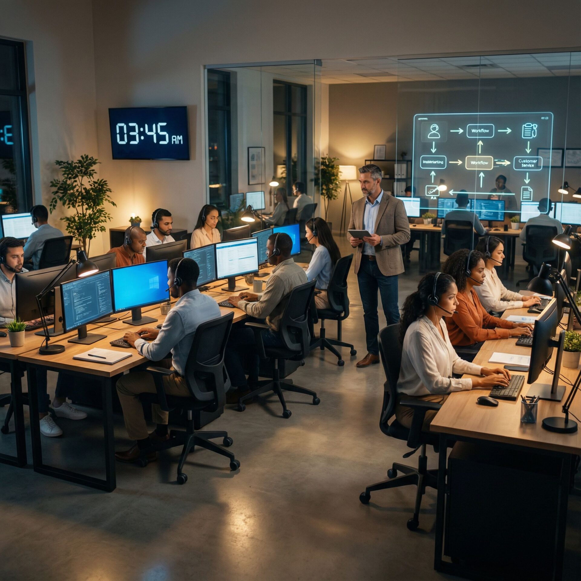 푸른 조명 사무실에 헤드셋 상담원과 대형 디지털시계, 빛나는 모니터 앞 자신감 있는 관리자 모습이다