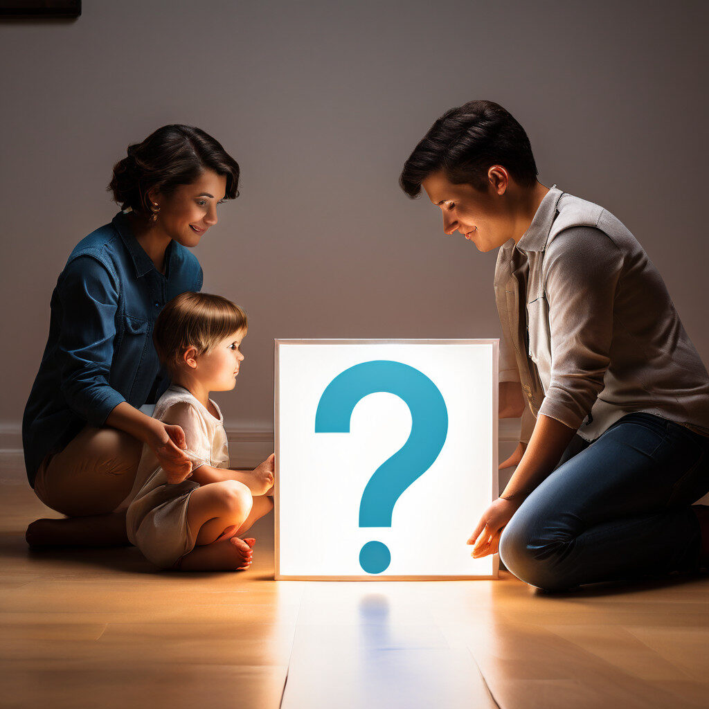 바닥의 선을 경계로 행복한 가족과 빛나는 거대한 물음표가 나뉘어 있는 모습이다.