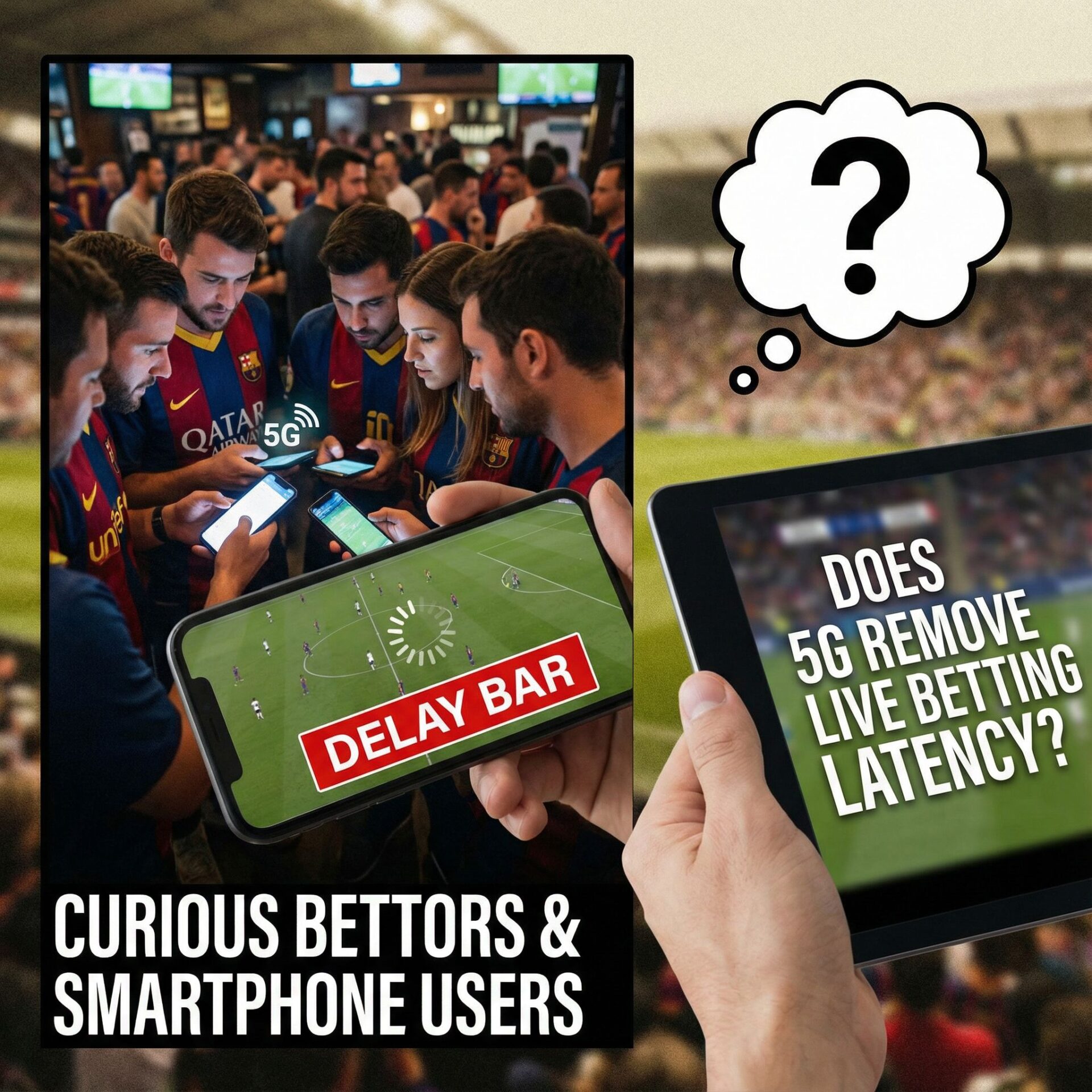 스마트폰 든 사람들이 5G 표시와 지연바 있는 스포츠 중계를 보며 의문스런 표정인 제목카드 모습이다