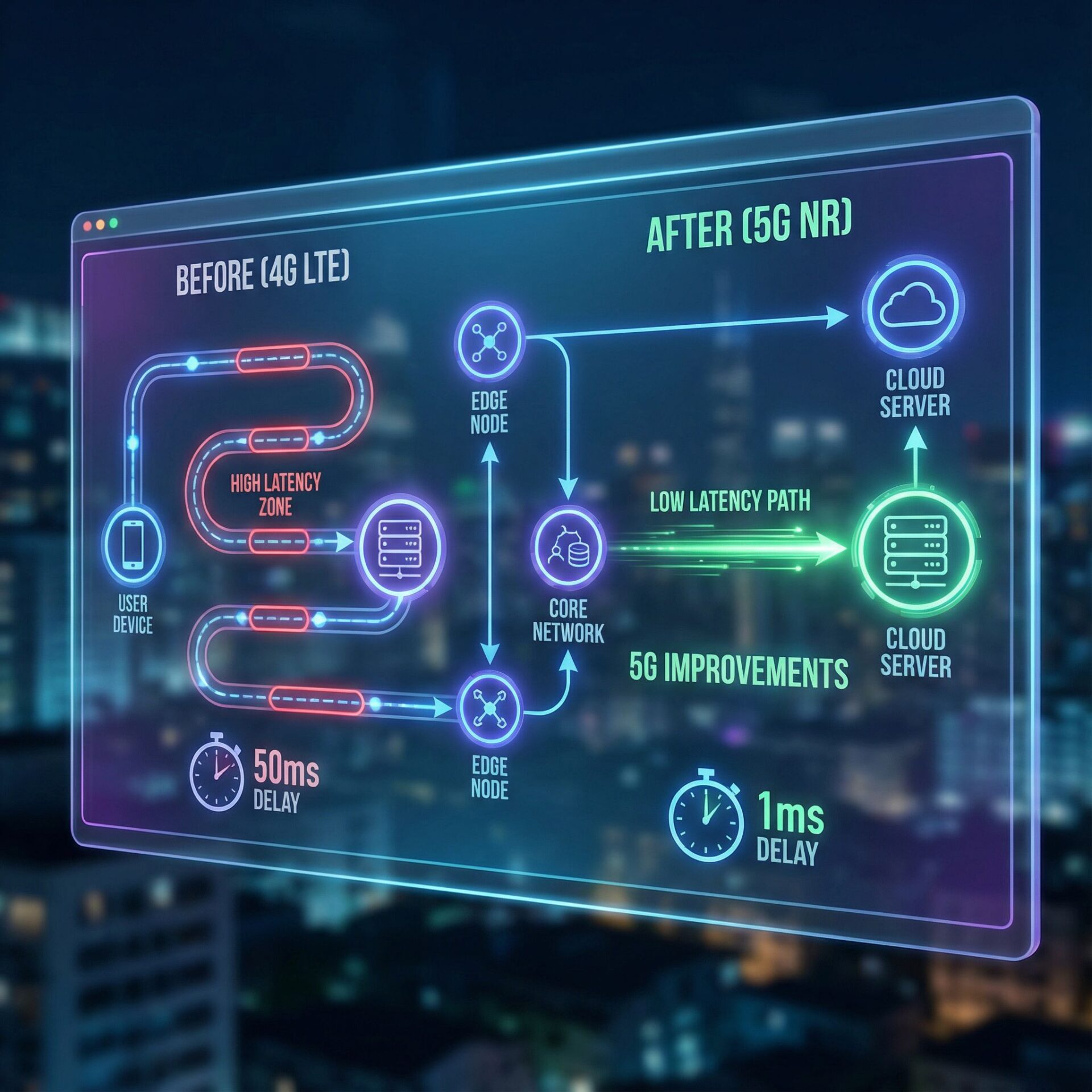 푸른 배경에 빛나는 노드와 화살표로 지연 구간과 5G 개선 구간을 비교한 도식한 모습이다