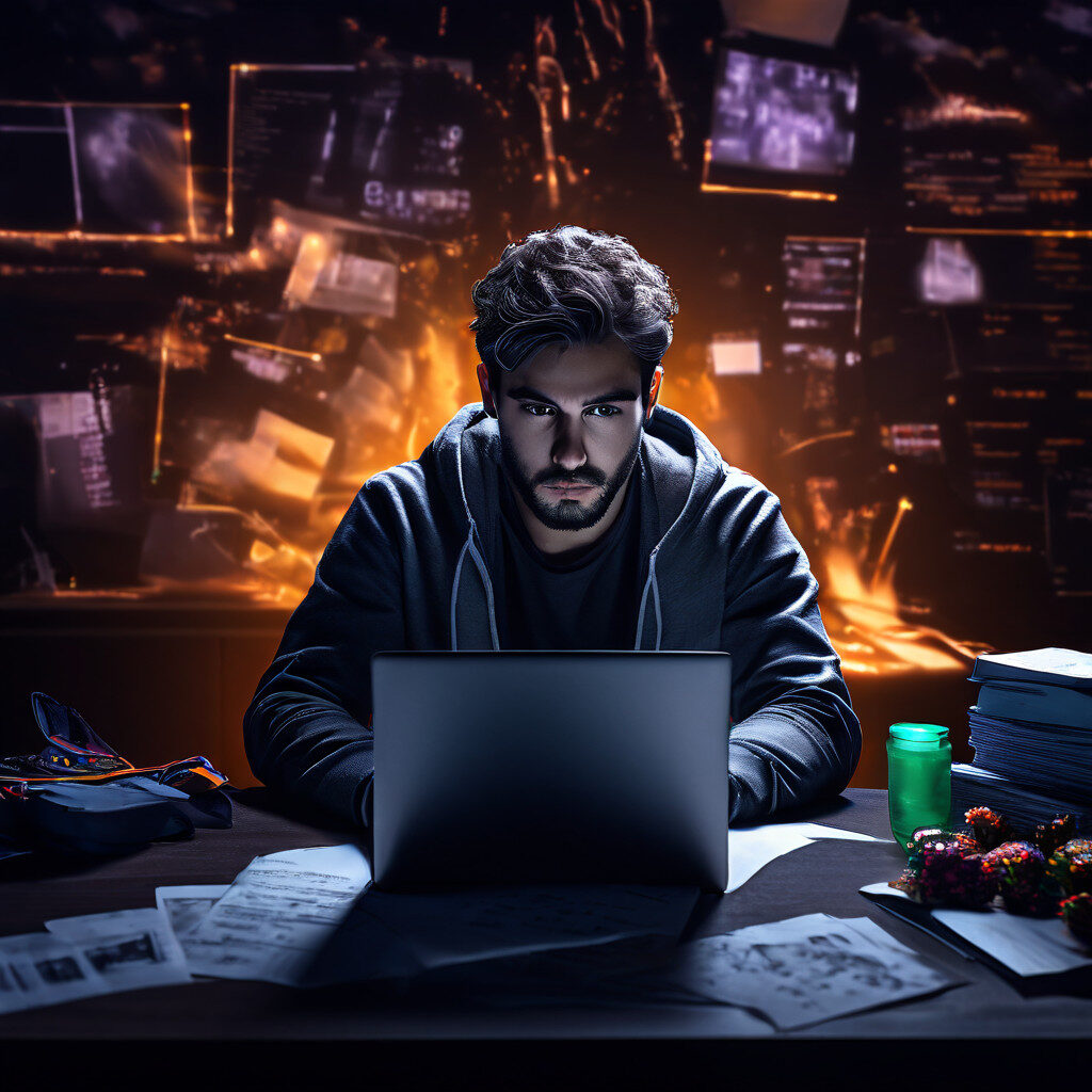 어두운 방, 노트북 앞 초조한 인물이 순위 차트에 둘러싸여 긴장한 모습이다