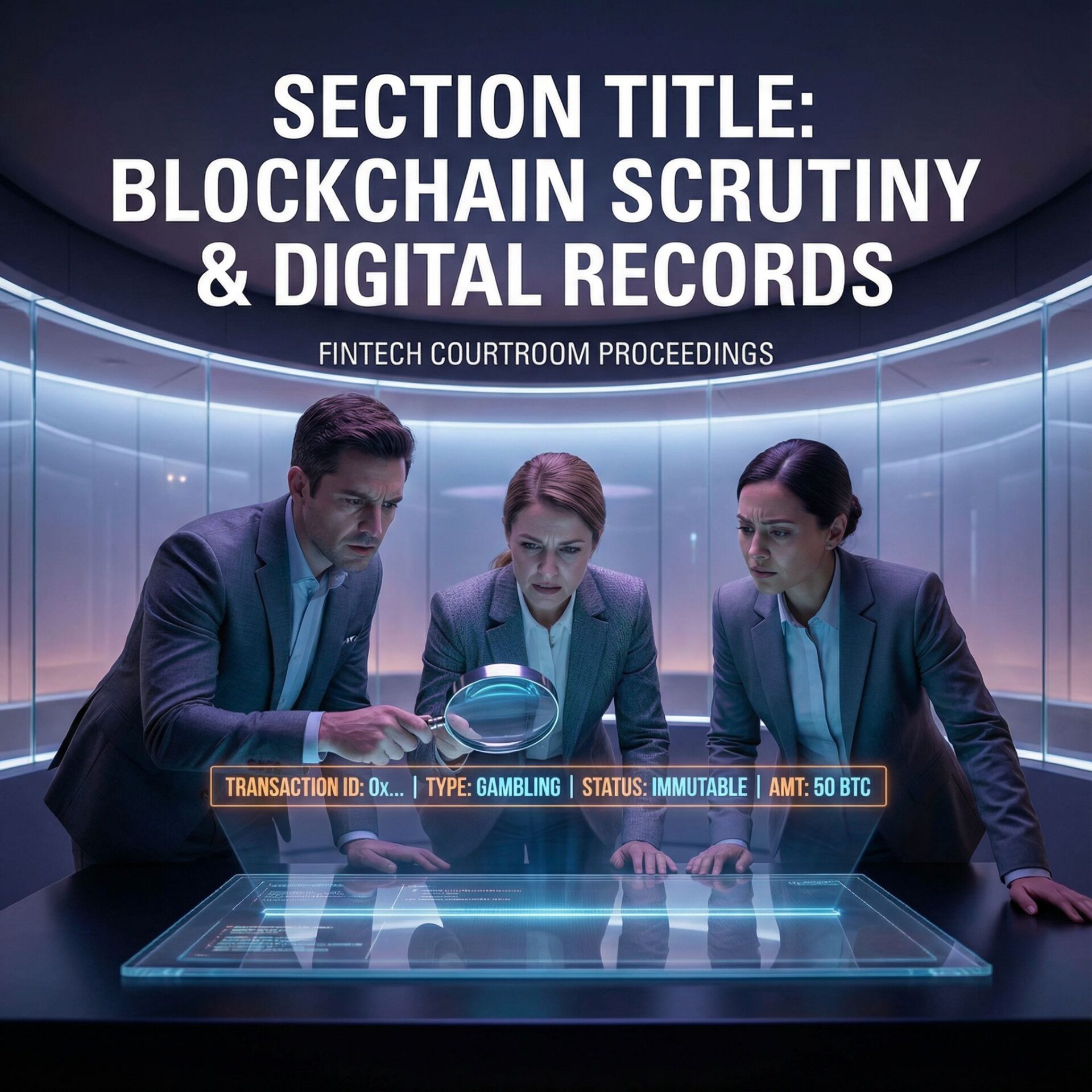 법정 분위기의 공간에서 세 명의 인물이 투명 디지털 테이블 위 거래 기록을 돋보기로 검토하며 블록체인 거래와 디지털 기록을 정밀하게 분석하는 장면이다